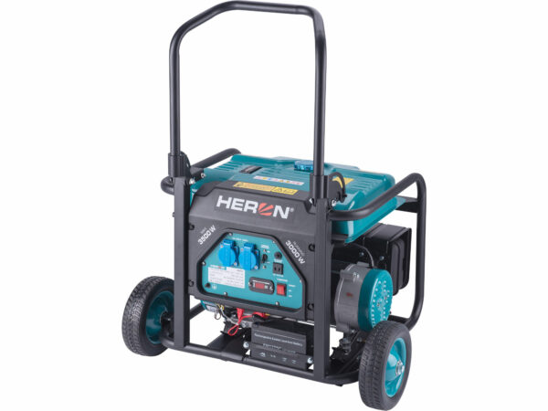 HERON, Elektrocentrála rámová benzínová, 230V, 3,5kW, 7,5HP, podvozok, elektrický štart