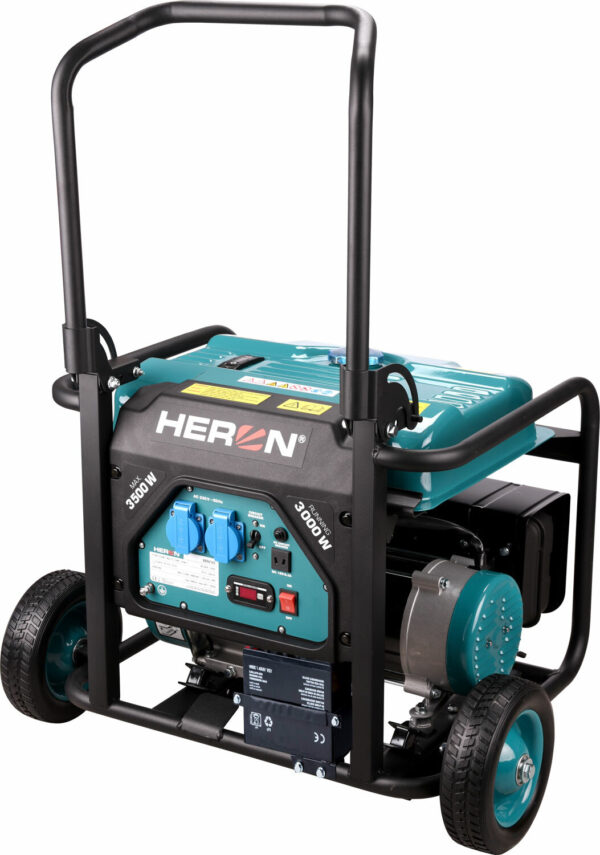 HERON, Elektrocentrála rámová benzínová, 230V, 3,5kW, 7,5HP, podvozok, elektrický štart