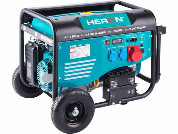 e9f49a3daa9d1b31883f5bbf15541cd4 HERON, Elektrocentrála rámová benzínová 3F, 6,8kW/6,3kW, elektrický štart