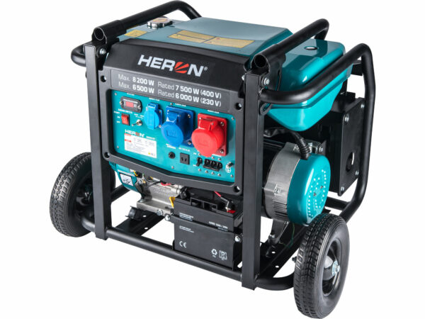 HERON, Elektrocentrála rámová benzínová 3F, 8,2kW/7,5kW, podvozok, elektrický štart